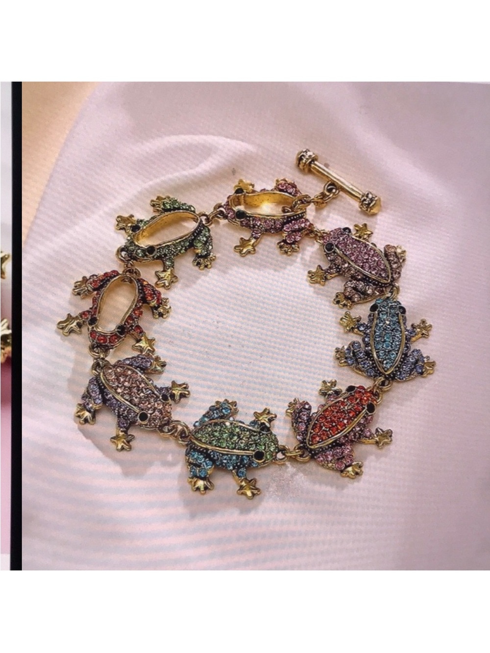 NEW Crystal Studded Tree FROG Bracelet Red Blue Pink Green Antique Gold Toggle